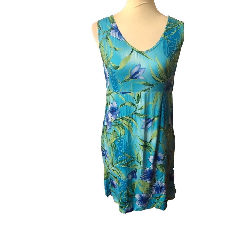 Mango Bay turquoise with tropical hibiscus sleeveless sundress Size S